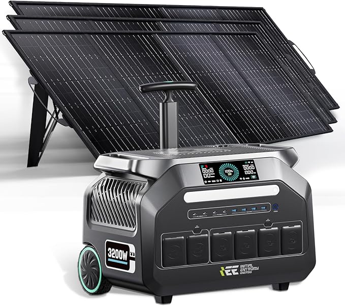IEE 3200W Portable Power with 3x200W Solar Panel,Large Capacity,3200W/2048mAh,Iron Phosphate,Portable Battery,1.2 Hours Full Charge, AC 3200 W, Instant Maximum 6400W,14 Output Ports.