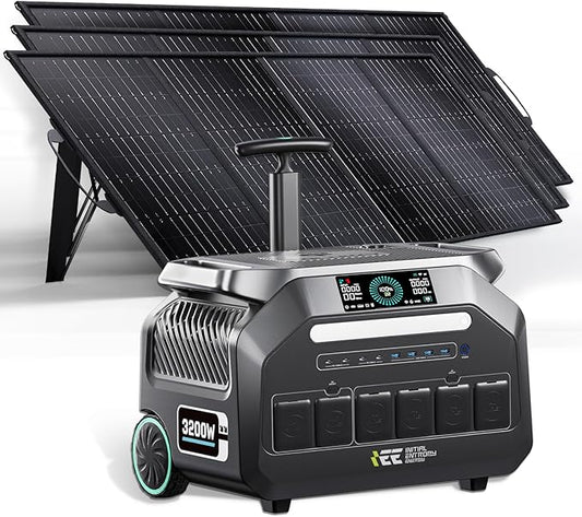 IEE 3200W Portable Power with 3x200W Solar Panel,Large Capacity,3200W/2048mAh,Iron Phosphate,Portable Battery,1.2 Hours Full Charge, AC 3200 W, Instant Maximum 6400W,14 Output Ports.