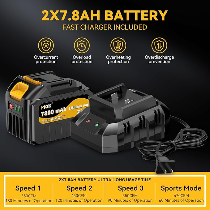MOK Leaf Blower Cordless, 670CFM Electric Leaf Blowers with 2 x 7.8Ah Batteries and Charger, 3- Speed & Turbo Mode,1 x Rubber-Coated Snow Shovels, 1 x Shoulder Strap, Blowers for Lawn Care/B