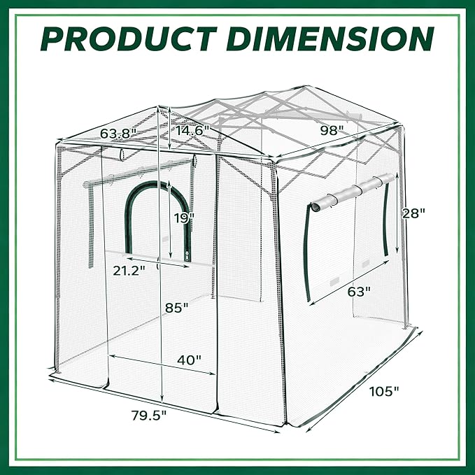 8.7x6.6x7 ft Walk-in Greenhouse, Portable Plant Hot House with Zipper Windows & Doors, PE Cover & Steel Frame, for Garden, Backyard