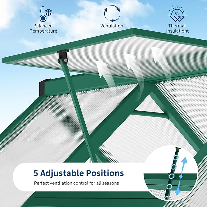 6 x 9 ft Greenhouse, Polycarbonate Walk-in Greenhouse with Aluminum Frame, Adjustable Roof Vent and Lockable Door, Easy Assembly, Green Houses for Outside, Garden, Backyard and Patio