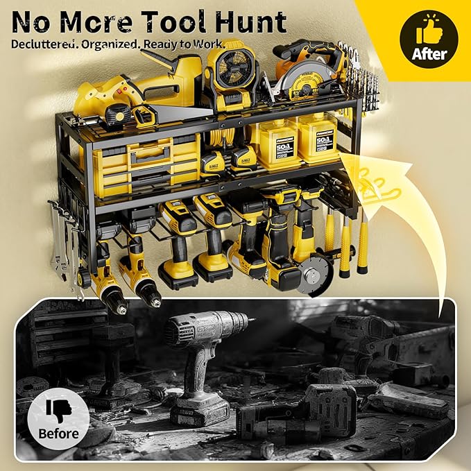Power Tool Organizer Wall Mount Heavy Duty 320 lbs, 3-Tier Rack with 9 Drill Holders & Battery Storage for Garage, Workshop & Tool Room，Gifts for Men Who Have Everything