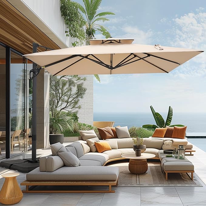 Sophia & William Cantilever Patio Umbrella 10ft, Offset Large Square Outdoor Umbrellas with 360-degree Rotation, Heavy Duty Windproof for Garden Pool Backyard, Beige with Base