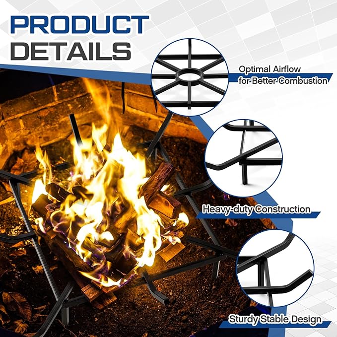 24 x 24 Inch Square Wheel Fire Pit Grate, Heavy Duty Fireplace Grate for Outdoor Wood Burning, Fire Pits, Fireplace Hearth & Campfire, Metal Log Rack Holder