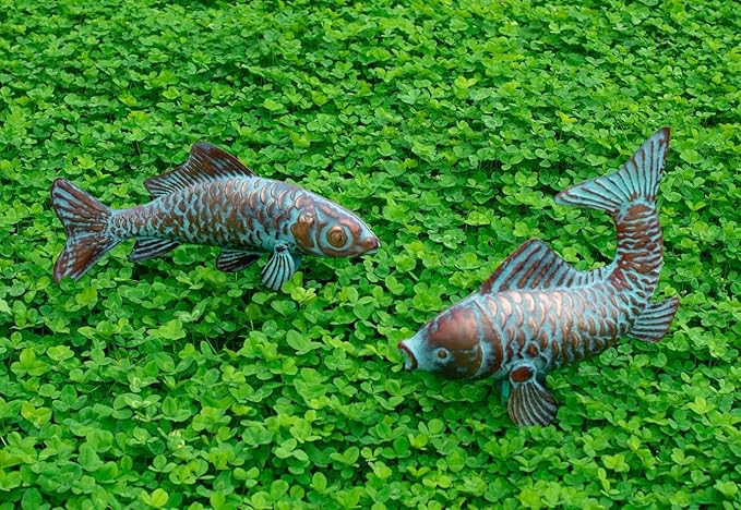 CLYB Metal Koi Fish Sculptures, Outdoor Garden Sculptures & Statues, Antique Copper Koi Pond Decor, Set of 2 Koi Fish Figurines Artwork, Garden Statue for Indoor Outdoor Patio Backyard Home Kitchen