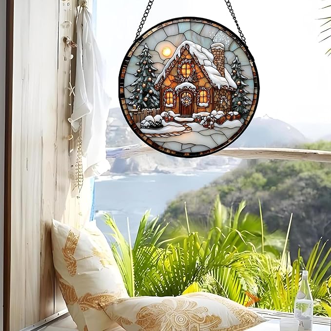 AMDERVEN Stained Glass Window Hanging - Christmas Tree Cottage Sun Catcher for Door Garden Home Winter Decor Snowy Night Suncatcher Mother's Day Birthday Gifts for Women Men Mom Nana 6.3 in