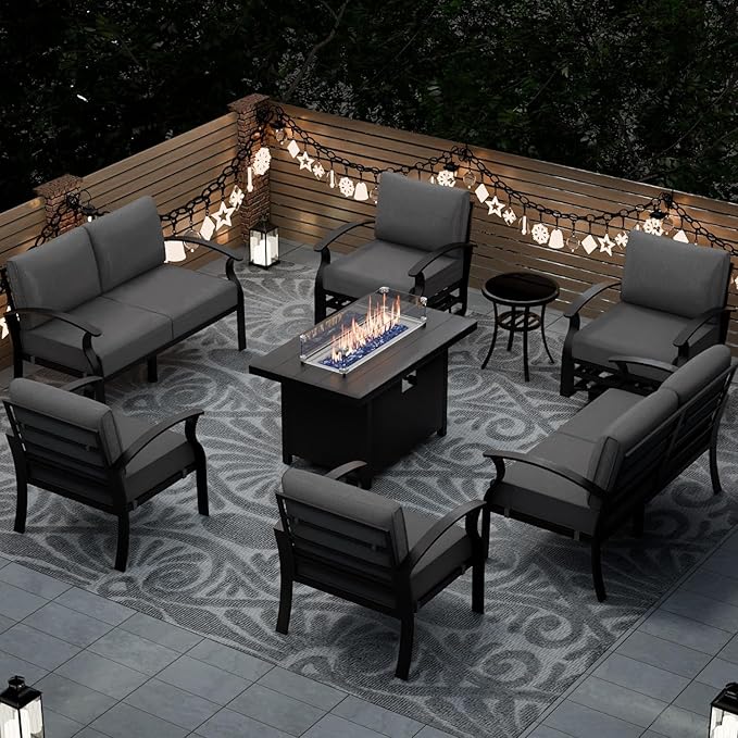 Aluminum Patio Furniture Set with Fire Pit Table, 8 Seats Outdoor Patio Conversation Set with Swivel Chair Modern Metal Patio Sectional Sofa with Upgrade Cushions for Patio, Backyard (Grey)