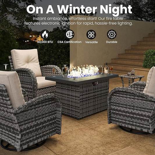 Rectangular Fire Pit Table, 44 inch Propane Gas Fire Pit with Glass Rocks, Wind Guard Glass Shield, Waterproof Cover for Outside Patio Backyard Deck Balcony