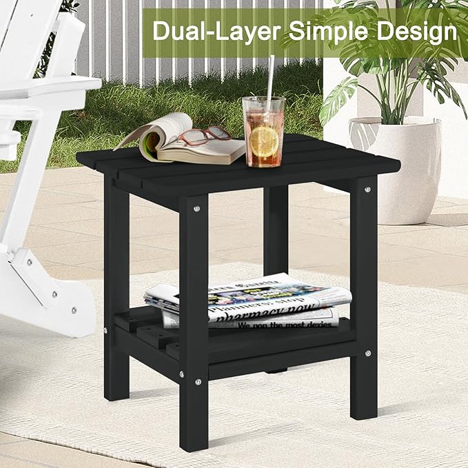 Outdoor Side Table Set of 2 - HDPE Small End Table - Patio Side Tables Square for Backyard Pool Porch Balcony - Indoor Outdoor Double Layer Storage - Black