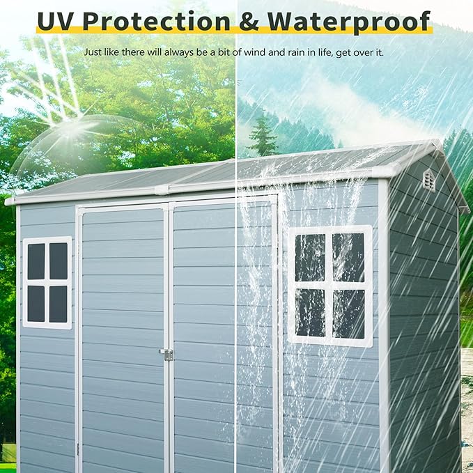 Resin Storage Shed 8x4 ft Outdoor Shed with Floor, Plastic Sheds with Two Windows and Lockable Double Door, Waterproof Garden Shed with Vents, Tool Sheds for Backyard, Patio, Lawn, Grey