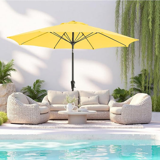 9FT Large Outdoor Patio Umbrella Market Table Umbrella-UV Resistant, Easy Push Button Tilt and Crank, 8 Sturdy Ribs Heavy-Duty Pool Umbrella for Deck,Yellow