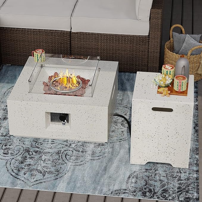 SUNBURY Outdoor 28 Inch Propane Fire Pit Table, Square Fire Table w Tank Table, 40,000 BTU Spotted White Patio Gas Fire Table w Glass Wind Guard, Waterproof Cover, Lava Rocks …