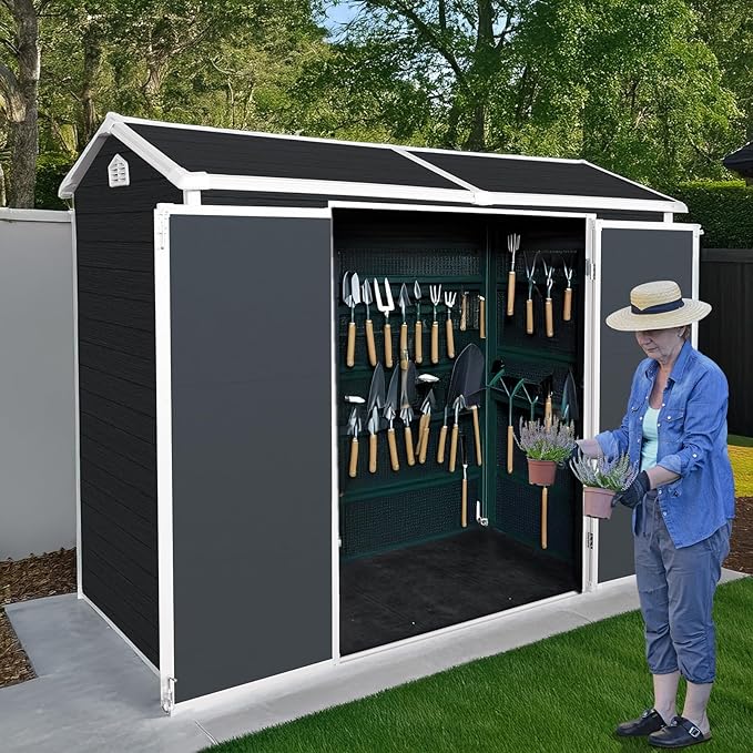 8x4 FT Outdoor Storage Shed,Waterproof Resin Garden Shed with Windows, Lockable Doors, and Sloped Roof,Tool Storage for Patio, Backyard, Lawn, Black