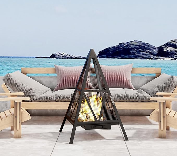 Kingson Pyramid Fire Pit, Heavy-Duty Steel Smokeless Wood Burning Fire Bowl for Outdoor Patio Garden Backyard, Bohemian & Meditation Decor