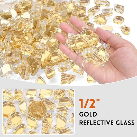 20 Pounds Fire Glass 1/2 Inch High Reflective Tempered Firepit Glass Rocks for Fireplace, Fire Pit Table, Fire Bowl and Landscaping (Gold)