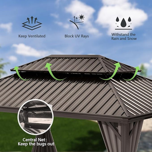 Domi 10x13FT Outdoor Gazebo, Hardtop Gazebo with Galvanized Steel Double Roof, Metal Gazebos with Drainage System Patio Pergola for Patio Deck Backyard,Curtain and Netting,Brown