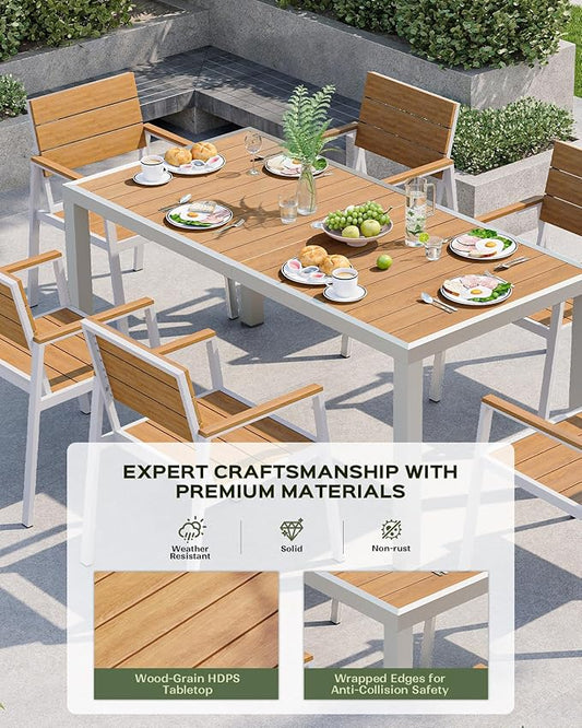 Outdoor Dining Set, Patio Table and Chairs of 4, Aluminum Outdoor Furniture Set with Umbrella Hole, HDPS Patio Dining Table Set for 4 (White-Teak)