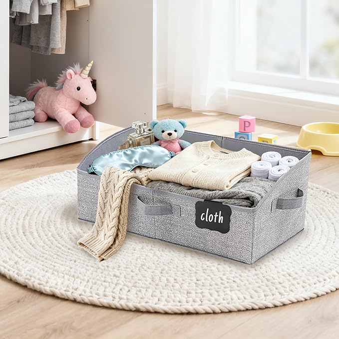 Closet Organizers and Storage with Labels Clip,Trapezoid Storage Bins,Storage Baskets for Shelves,Gift Basket Empty for Birthday,Books,Dog Toys,Foldable Toy Storage Organizer,Large,Grey,3-Pack