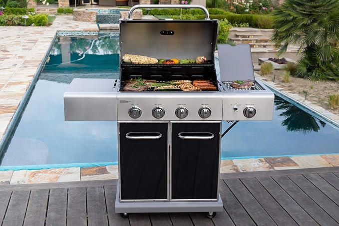 Kenmore 4-Burner BBQ Gas Grill with Searing Side Burner, Propane Grill, 52,000 BTUs, Warming Rack, Electronic Ignition & Cast Iron Cooking Grates, Black/Stainless Steel