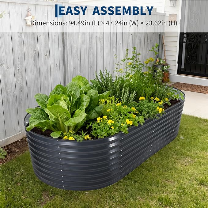Oval Galvanized Raised Garden Bed Kit with Zippered PVC Cover, Easy Assembly, Thick Metal Outdoor Planter Box for Vegetables, Flowers, Patio Gardening, Grey