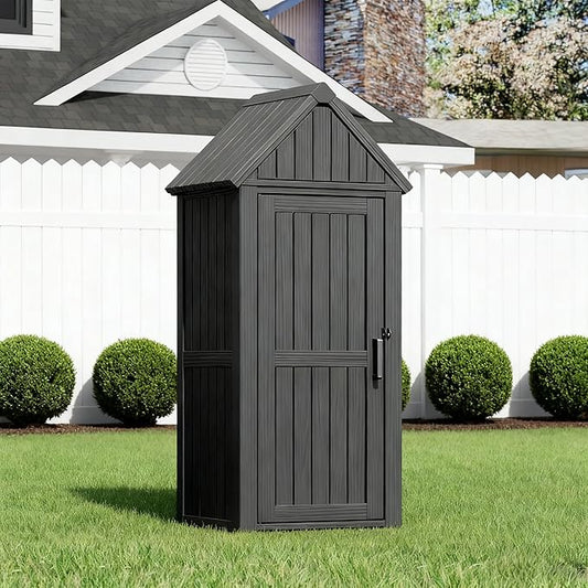 Outdoor Storage Shed with Removable Shelves, Waterproof Resin Outdoor Storage Cabinet for Small Patio, Balcony, Backyard, Vertical Storage Shed with 12 Hooks for Garden Tools, Grilling Supplies, Black