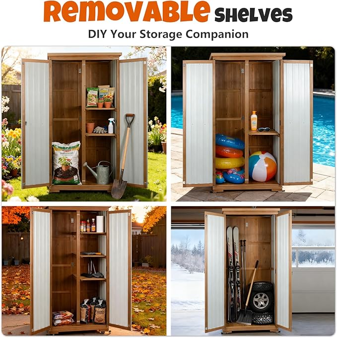 Outdoor Storage Cabinet with Shelves, Wood & Metal Storage Shed with Weatherproof Roof, 3 Removable Shelves, Double Lockable Doors, Adjustable Feet, Outside Storage Cabinet for Garage, Patio, Backyard