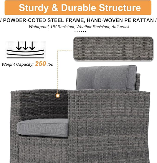 Super Patio 8 Pieces Outdoor Patio Furniture Set with 45” Fire Pit Table, Rattan Patio Conversation Sets with 50000 BTU Gas Fire Pit, Wicker Sectional Sofa Set with Storage Box, Gray (Without Table)