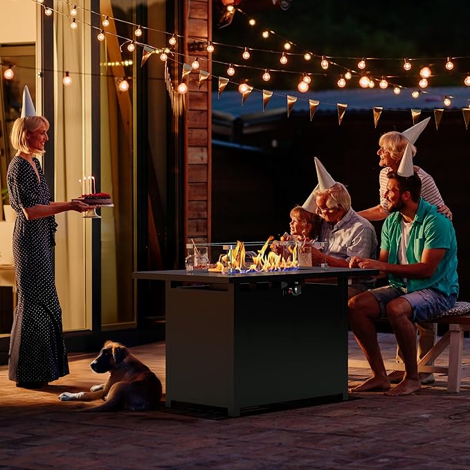 43'' Propane Fire Pit Table, 50000 BTU Gas Fire Pits Table with Removable Lid and Lava Rock, Rectangular Fire Table with Cover, Ideal for Dining or Party on Patio, Garden, Yard, Black