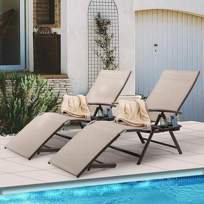 Kozyard Cozy Aluminum Reclining Lounge Chair for Beach Yard Pool Deck Patio - Outdoor Chaise Lounge with Drink Holder, Weather Free, Adjustable - Assemble-Free (2 Pack, Beige)