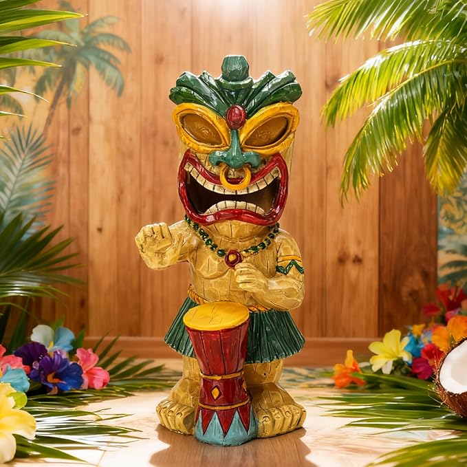 halp·ssfm Solar Tiki Garden Statue with LED Eyes Outdoor Polynesian Drummer Hawaiian Party Decor Solar Light Ornament for Patio Porch Lawn Tiki Bar or Tiki Lover Funny Stocking Stuffers Gifts