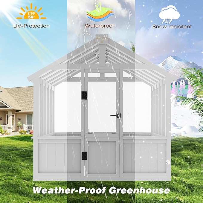 BlueWish 6x10 FT Greenhouse for Outdoors, Walk-in Green House with Cedar Frame, Adjustable Vent, Wood Greenhouses with 6MM Polycarbonate Panel, Greenhouse for Outside, Garden, Backyard, White