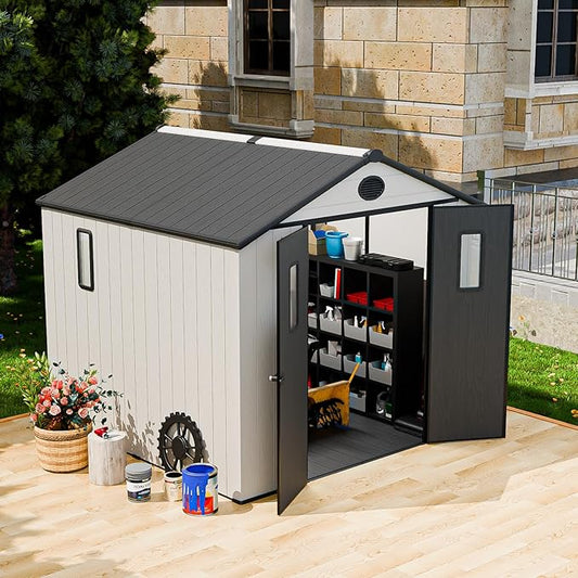 COOS BAY 8x8 Outdoor Resin Storage Shed with Floor, 2 Lockable Doors, All-Weather Durable Garden Shed for Tools & Equipment, White/Gray