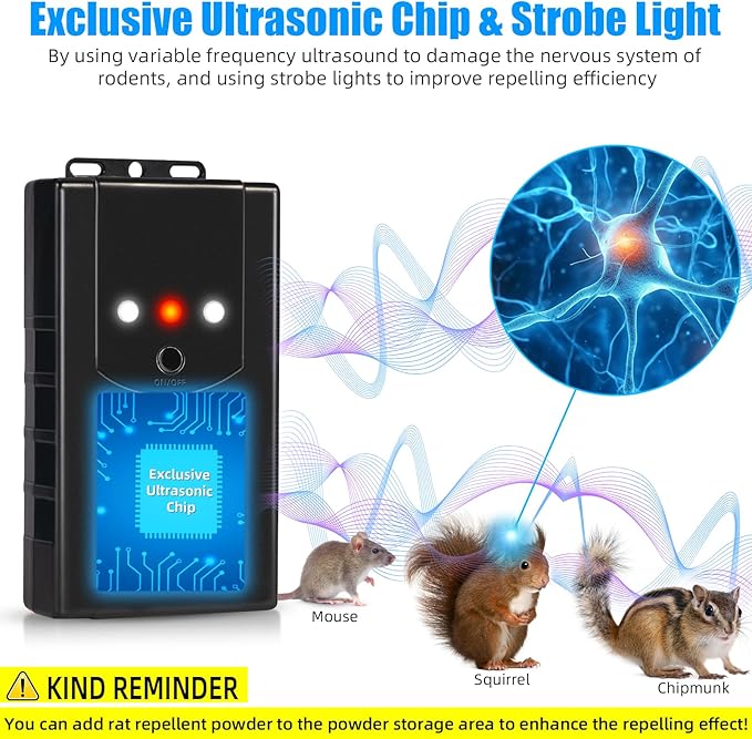 Rodent Repellent for Car Engine,Ultrasonic Mouse Repellent Car Rodent Repeller Under Hood Battery Operated Rat Deterrent with Flashing Lights,Keep Squirrels Rats Mice Out of Attic Outdoors Indoors