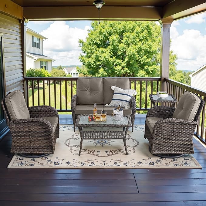 Belord 5 Piece Wicker Patio Furniture Set - Outdoor Conversation Sets with Deep Seating Swivel Rocker Chairs Loveseat and Rattan Coffee Table for Deck Backyard Poolside, Brown Wicker/Gray Cushion