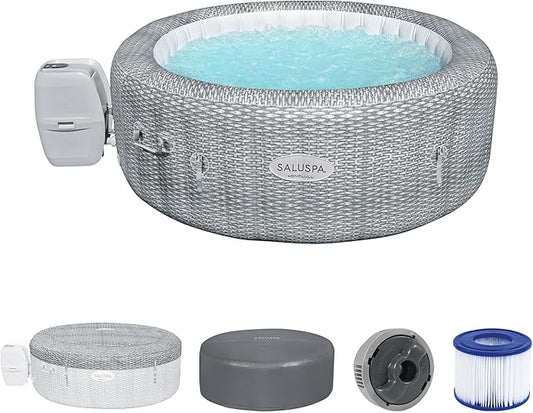 Bestway SaluSpa Honolulu AirJet Large Round 4 to 6 Person Inflatable Hot Tub Portable Outdoor Spa with 140 AirJets and EnergySense Cover, Grey