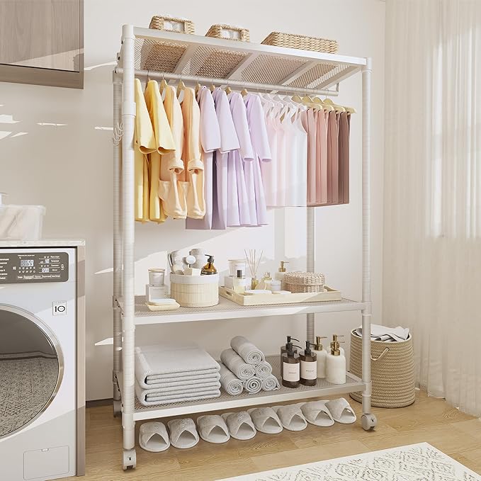 Heavy Duty Rolling Clothes Rack, 3-Tier Adjustable Garment Racks with Rods and Side Hooks, Freestanding Storage Closet Clothing Rack with Wheels for Bedroom Laundry Room Organization, White
