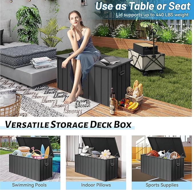 Metal Outdoor Storage Box, 150 Gallon Waterproof Deck Box for Patio Cushion, Outside Storage Cabinet Rust/UV Resistant, Lockable Garden Tool Storage Bin for Porch Package Delivery, Grey