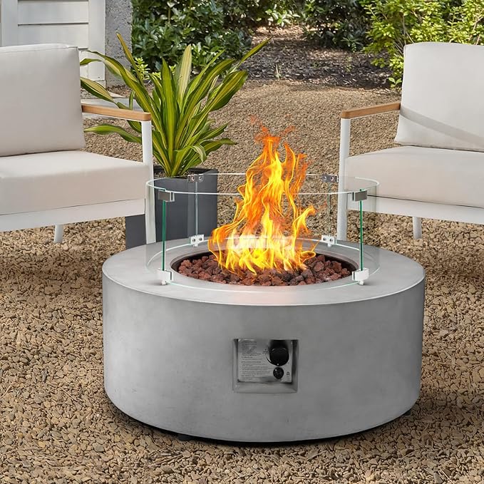 36inch Round Concrete Fire Pit Table with Glass Wind Guard Propane 50,000 BTU Outdoor Fire Table Modern Firepit CSA Certification Gas Firepits with Steel Lid, Rain Cover for Backyard, Deck