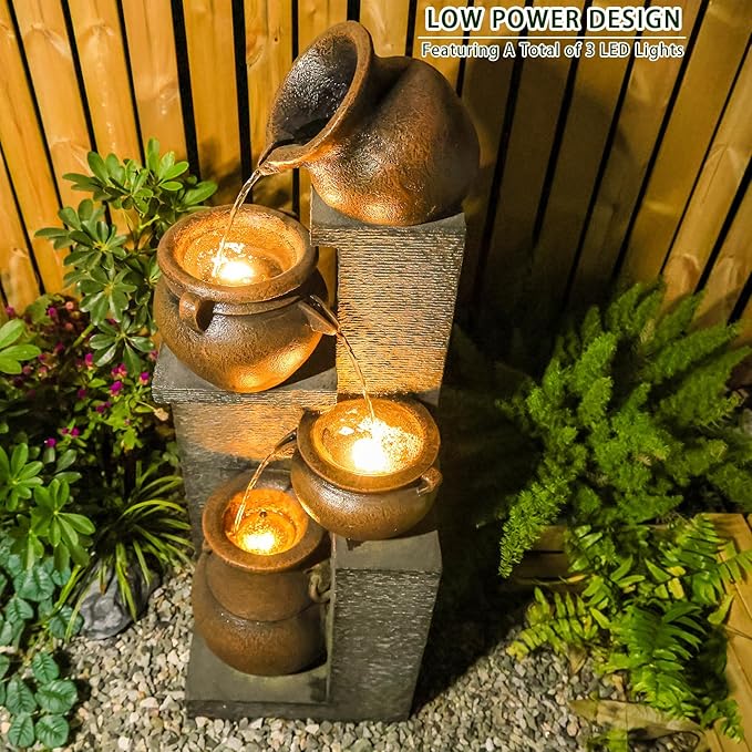 Bumilgar 53" H Large Outdoor Water Fountain with Lights - 4 Tiered Cascading Bowls Waterfall Fountain for Garden, Patio, Backyard, Porch Inside - Freestanding Outdoor Water Feature Gold