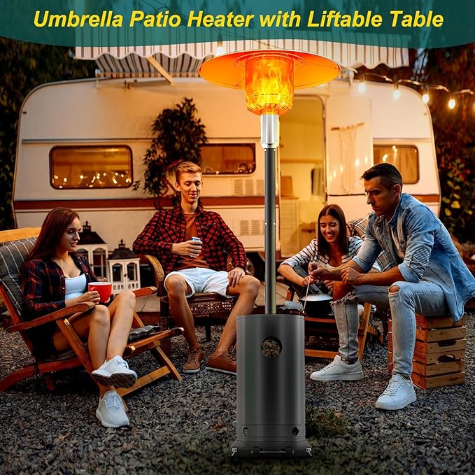 48000BTU Outdoor Propane Patio Heater with Wheels, Triple Safety Protection, Stainless Steel Burner, Includes Round Table for Porch, Camping, Backyard Use, Gray