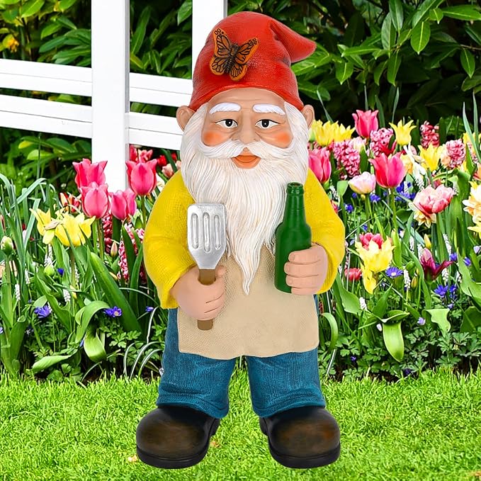 Mood Lab Garden Gnome - BBQ Chef Gnome - 9.45 Inch Tall Statue Lawn Garden Figurine - for Outdoor & House Decor