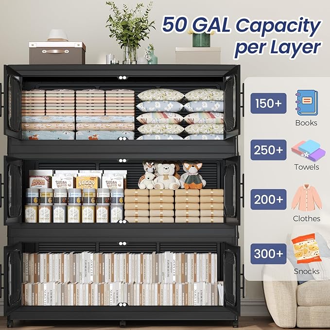 200Gal Exra Large Stackable Storage Bins with Lid, 800QT Collapsible Storage Box with 6x Wheels, Folding Plastic Cabinet Container with Door Drawer for Home Kitchen Office Dorm, 4Pack Black