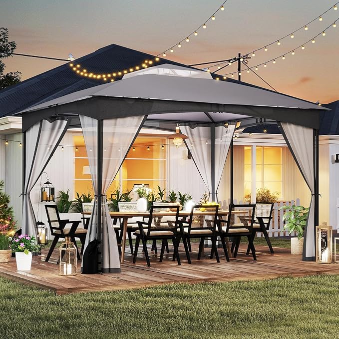 Tangkula 10x12 FT Outdoor Gazebo with Netting, Double Roof Patio Shelter with 4 Sandbags, Zippered Doors, Heavy-Duty Metal Frame, Metal Patio Gazebo for Yard Garden Lawn (Grey)