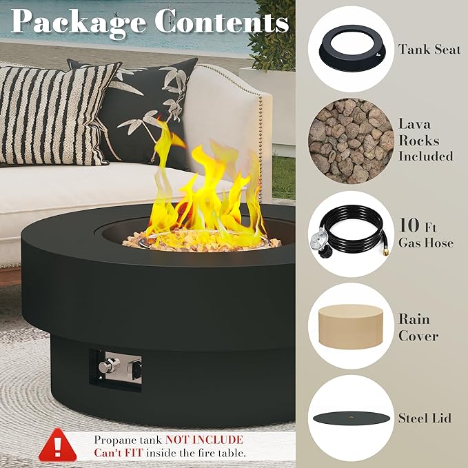 32.5 Inch Propane Fire Pit Table, 50,000 BTU Round Patio Fire Pit Table Outdoor, CSA Certified, Stainless Burner with Steel Lid, Waterproof Cover & Lava Rocks, for Backyard Garden, Black