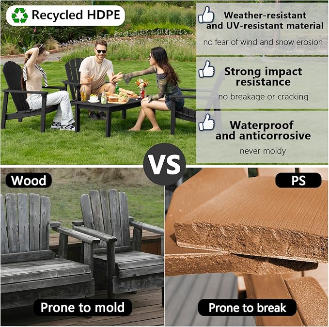 nevilywood Compact Stackable Adirondack Chairs Set of 4, 26.3" Wide HDPE Outdoor Patio Chairs - Durable, Space-Saving Design for Porch, Lawn or Garden, Black