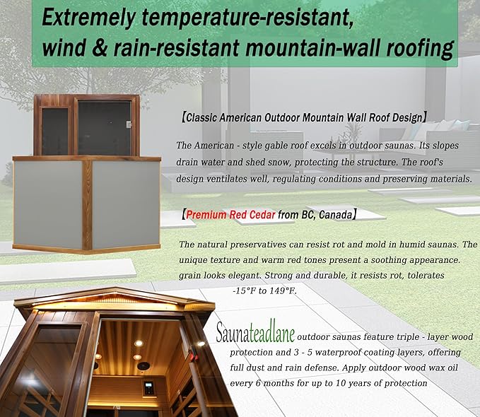 LTCCDSS Outdoor Red Cedar Sauna 2 Person Far Infrared Sauna, Withstand Outdoor Temp -10℉-149℉| Low EMF Sauna Room for Home-9 Low EMF Heaters-Chromotherapys-Bluetooth Speaker