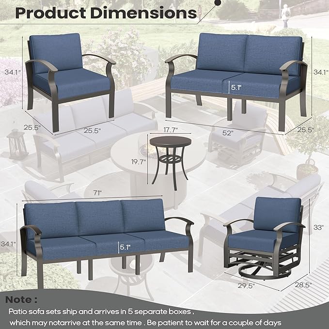 Aluminum Patio Furniture Set with Round Fire Pit Table, 7 Seats Outdoor Conversation Sets Modern Metal Patio Sectional Sofa with Upgrade Cushions for Patio, Backyard Navy