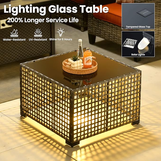 ovios 8 Pieces Patio Furniture Set, Outdoor Wicker Sofa Couch with Rocking Swivel Chairs Solar Lights Table, Modern Deep Seat Rattan Conversation Sets for Porch Deck, Orange Red