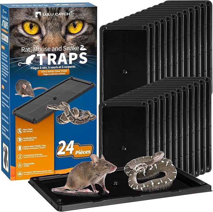 LULUCATCH Glue Mouse Traps Indoor for Home 24 Pack, Pre-Baited Sticky Plastic Glue Boards for House, Snake, Lizard, Insect, Mice, Rats & Spider Traps, Pet Safe Pest Control