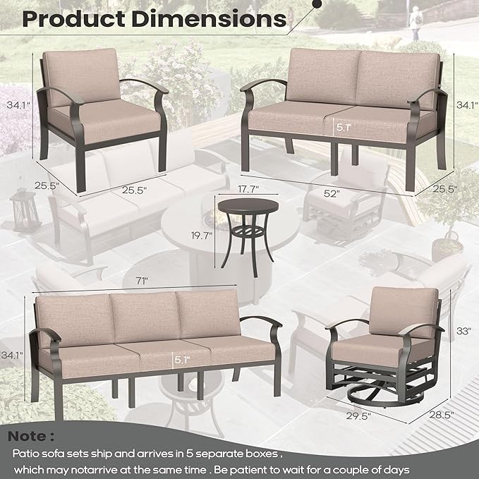 Aluminum Patio Furniture Set with Round Fire Pit Table, 7 Seats Outdoor Conversation Sets Modern Metal Patio Sectional Sofa with Upgrade Cushions for Patio, Backyard Sand
